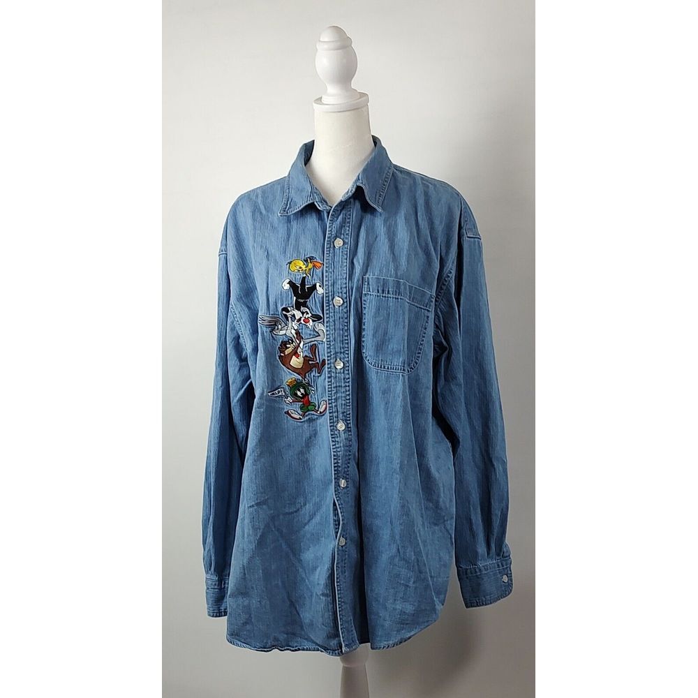Vintage 1998 Warner Bros‎ Looney Tunes Embroidered Denim Shirt Mens Large Blue